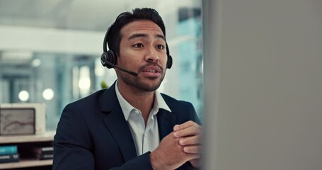 Wall Mural - Businessman, call center and virtual meeting in customer service, support or telemarketing at the office. Happy asian man, consultant or agent wave in hello with headphones for online advice or help