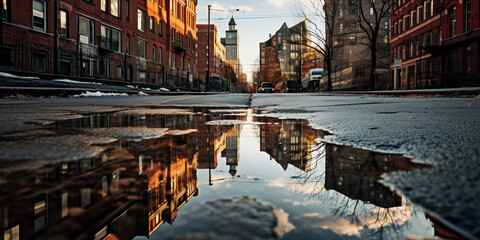 Wall Mural - Reflections of the city: A cityscape mirrored in a still puddle, distorted reality, poetic representation of urban life