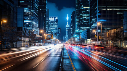 The hustle and bustle: Time - lapse inspired city scene, streams of car lights under the city's skyscrapers, energy of urban life