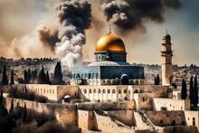 The War Between Israel And Palestine. The Smoke Behind The Masjid Aqsa. Hands Trying To Escape From Captivity. Barbed Wire. Photo Manipulation. Events In Jerusalem. Dome Of The Rock.