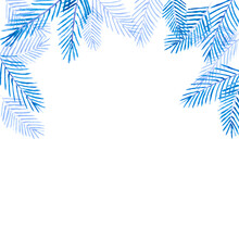 Watercolor Frame Mock Up With Frost Blue Colored Fir Conferious Christmas Tree Branches Twigs Isolated On White Background With Copy Space.Decoration For Christmas New Year Xmas Party.Square