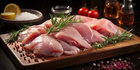 Wall Mural - AI Generated. AI Generative. Raw chicken bird fillet meat on table cooking meal. Restaurant promotion decoration design
