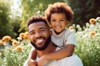 © Adriana - Portrait, happy father and boy smile in garden fun, vacation and break in summer happiness together. Black man and child smile, love and hug outdoor bonding free time on a sunny day in the park