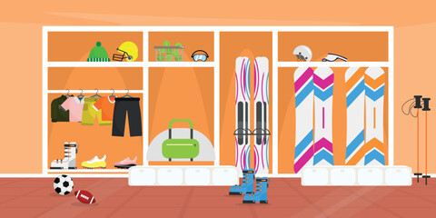 Wall Mural - Vector illustration of a room with sports equipment. Cartoon scene with a closet with sports equipment: different types of balls, clothes, shoes, helmet, tennis balls, suitcase, skis, snowboard.