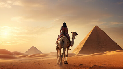 Woman riding a camel in the desert There is a pyramid in the background