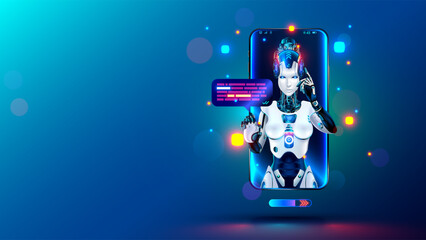 Poster - AI chat bot talking with customers at mobile phone. Internet Chatbot in image robot woman on screen phone click on speech bubble. Artificial intelligence female cyborg support user of internet service