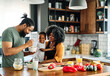 © Lumos sp - child family kitchen food boy son mother father breakfast cereal bowl morning healthy diet eating home black african american father man happy childhood cute meal preparing