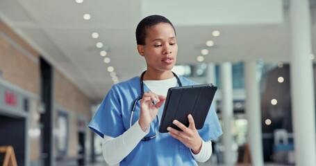 Poster - Doctor, nurse and tablet for hospital management, clinic research and results, online charts or planning, Medical worker or african woman, walking and typing on digital technology for healthcare