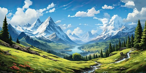 Wall Mural - AI Generated. AI Generative. Europe Switzerland nature outdoor mountain forest wild landscape background. Graphic Art