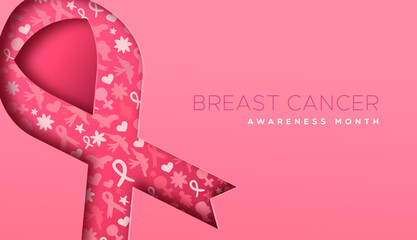 Wall Mural - Breast cancer awareness pink ribbon 3d paper cut vector illustration