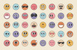 Retro emoji labels set. Sticker pack in trendy psychedelic cartoon style. Editable stroke elements.Isolated vector illustration.