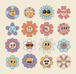 Retro flower characters set with emotions. Sticker pack in trendy retro psychedelic cartoon style. Editable stroke elements.Isolated vector illustration.