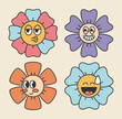 Retro flower characters set with emotions. Sticker pack in retro psychedelic cartoon style. Editable stroke elements.Isolated vector illustration.