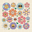Retro flower characters set. Sticker pack in trendy retro psychedelic cartoon style. Groovy daisy with faces emoji. Editable stroke elements.Isolated vector illustration.