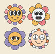 Retro flower characters set. Sticker pack in trendy retro style. Groovy daisy with emoji. Editable stroke elements.Isolated vector illustration.