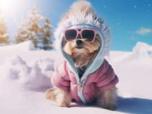 Small Dog Wearing A Pink Jacket On Snow, In A Snowy Landscape Of Blurry Snow-covered Trees, Hills, And A Clear Blue Sky.