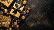 Arrière plan de noël  noir avec boules et décoration dorée - Générative IA