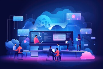 Wall Mural - Illustration of a web developer collaborating with a team