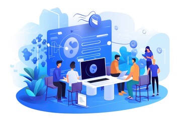 Wall Mural - Illustration of a web developer collaborating with a team
