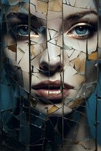 Face Of Young Woman Behind Cracked Glass 