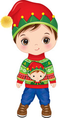 Wall Mural - Vector Boy Wearing Elf Hat and Christmas Sweater