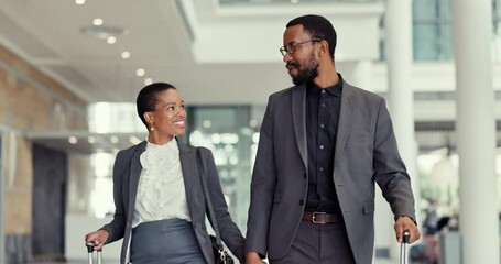 Wall Mural - Airport, professional black people and happy discussion, conversation and talk about journey, plane travel or opportunity. Immigration, flight schedule and team walking to airplane transportation