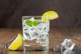 Fototapeta Kuchnia - Cold refreshing sparkling water in a glass with ice, lemon or lime and mint.