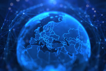 blue holographic globe with nodes connected around earth. concept of global network connection, comm