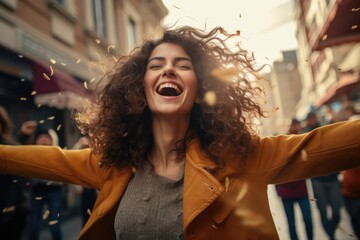Portrait of overjoyed attractive woman standing with excited expression, raising fists, screaming, shouting yeah, celebrating her victory, success.