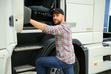 Poster - Trucker opens the door and sits down in his parked truck with a trailer. Driver continues the journey after stopping