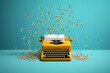 © Alina - Yellow typewriter with flying papers on blue background. Inspiration for writing concept. AI Generated.