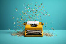 Yellow typewriter with flying papers on blue background. Inspiration for writing concept. AI Generated.
