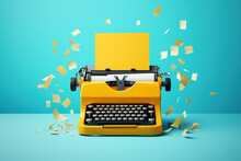 Yellow typewriter with flying papers on a blue background. Inspiration for writing concept. AI Generated.