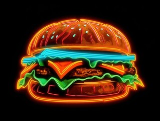 Wall Mural - A neon logo of a burger woth the long bread. Generated by ai