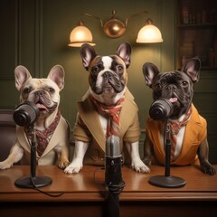 Wall Mural - Three French bull dogs recording podcast illustration generative ai