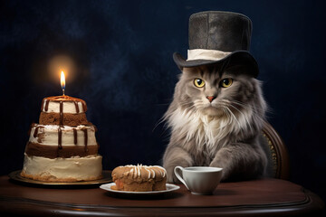 Sticker - a cat with a cake in a festive hat, food on the table, a home holiday,