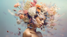 Female Portrait With Flowers In Her Head. Creative Background With Stylish Woman. Fashion Portrait. Summer Style
