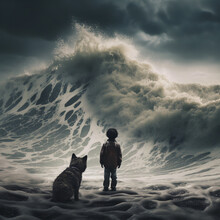 AI-generated Illustration Of A Touching Scene Of A Boy And His Loyal Dog Friend Watching A Humongous Wave. The Storm Is Crashing Around Them, Testing An Unbreakable Connection Between Friends.	