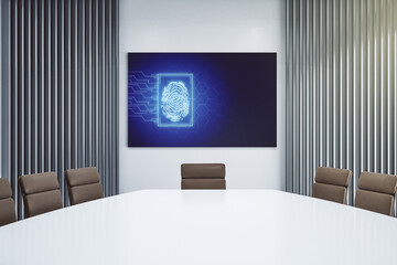 Poster - Abstract creative fingerprint concept on presentation screen in a modern conference room. 3D Rendering