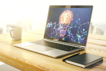 Poster - Creative idea concept with light bulb and human brain illustration on modern laptop screen. Neural networks and machine learning concept. 3D Rendering
