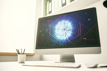 Poster - Computer monitor with abstract fingerprint scan interface, digital access concept. 3D Rendering