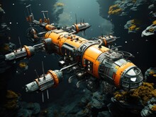 Illustration Of An Orange Submarine Floating On Water. Generative AI