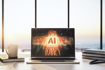 Poster - Creative artificial Intelligence symbol concept on modern laptop screen. 3D Rendering