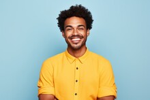 Portrait Of A Young Fictional Man Smiling. Isolated On A Plain Colored Background. Generative AI.