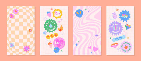 Wall Mural - vector insta story templates with patches and stickers in 90s style.smm banners in y2k aesthetic wit