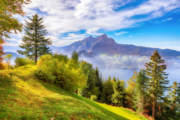 Wall Mural - breathtaking autumn view on suburb of stansstad city and lucerne lake with mountaines and fog.
