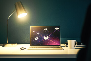 Aufkleber - Creative abstract question mark sketch on modern laptop monitor, FAQ and research concept. 3D Rendering
