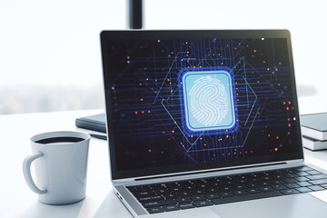 Poster - Computer monitor with abstract creative fingerprint illustration, personal biometric data concept. 3D Rendering