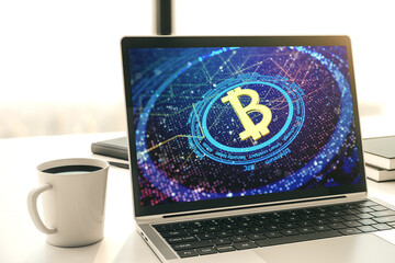 Poster - Creative Bitcoin concept on modern laptop screen. 3D Rendering