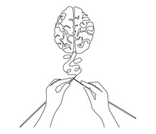 Continuous One Line Drawing Of Human Hands Knitting Brain. Mental Health And Psychotherapy Concept In Simple Linear Style. Editable Stroke. Doodle Outline Vector Illustration